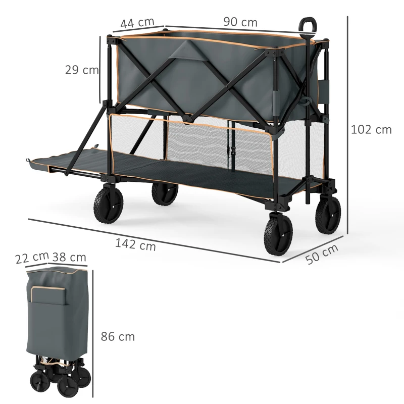 Outsunny Double Decker Folding Festival Trolley on Wheels, 200KG & 350L Capacity Collapsible Wagon Festival Trolley Cart with 134cm Extended for Camping Sports Shopping Garden and Beach, Grey
