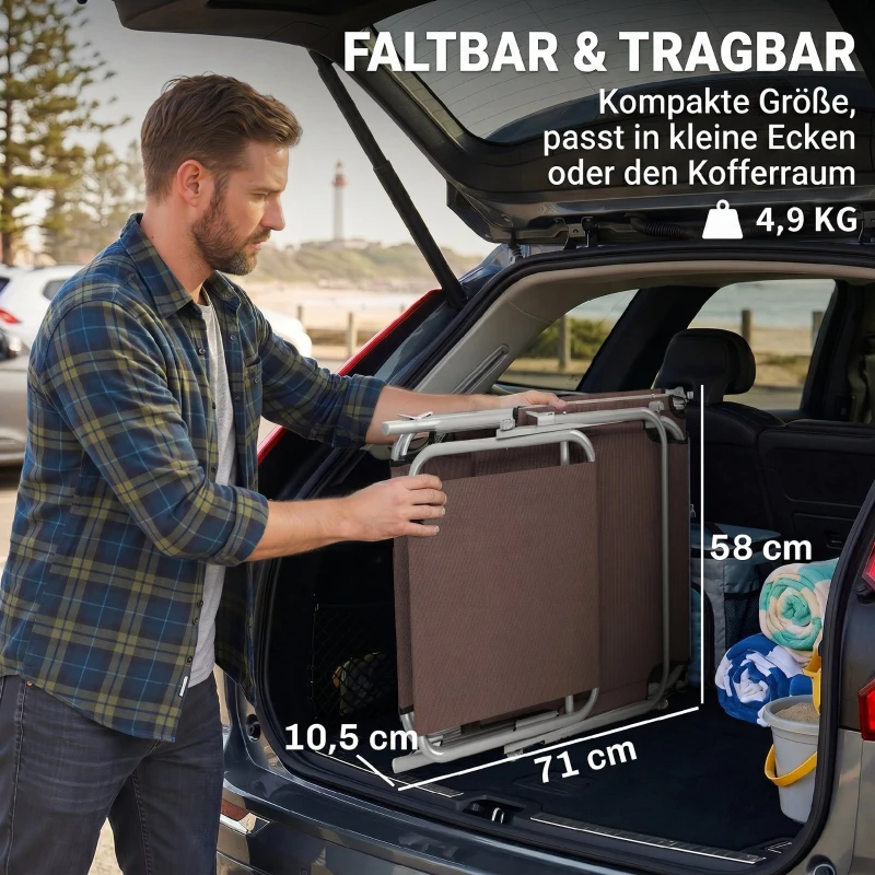 Outsunny Klapbare ligstoel met zonnescherm, verstelbare rugleuning, metalen frame, 187 x 58 x 36 cm, bruin