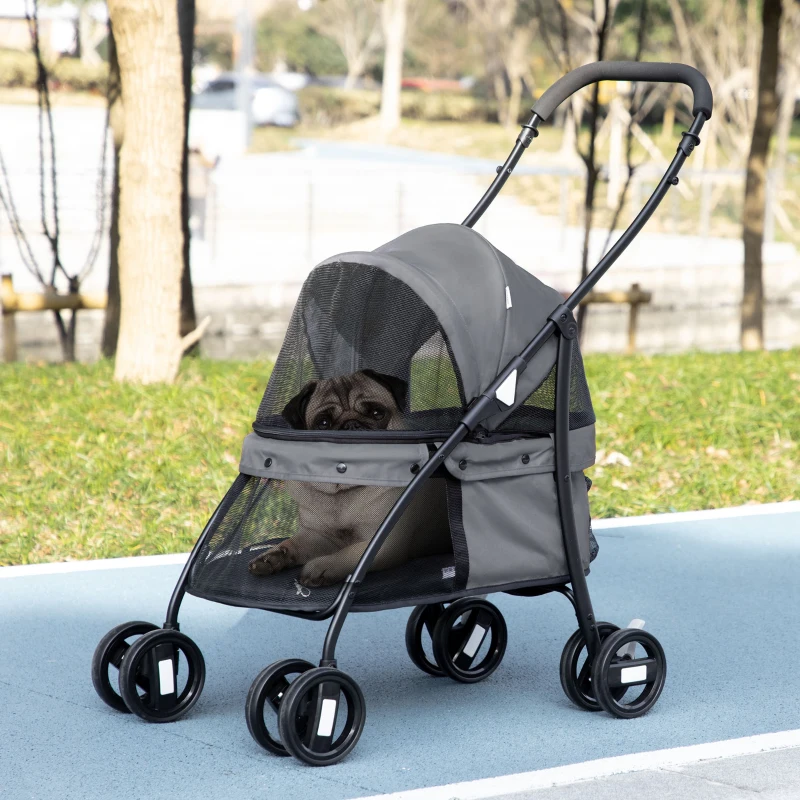 PawHut Passeggino per Cani Pieghevole con Tettuccio Regolabile, Borsa e 2 Guinzagli, 82x47x97 cm, Grigio e Nero