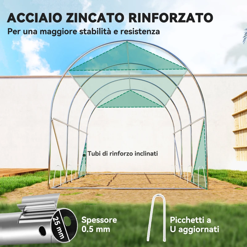 Outsunny Serra a Tunnel 3x2 m con Rete Ombreggiante Extra, Finestre e Ingresso a Zip, in PE e Acciaio, Verde