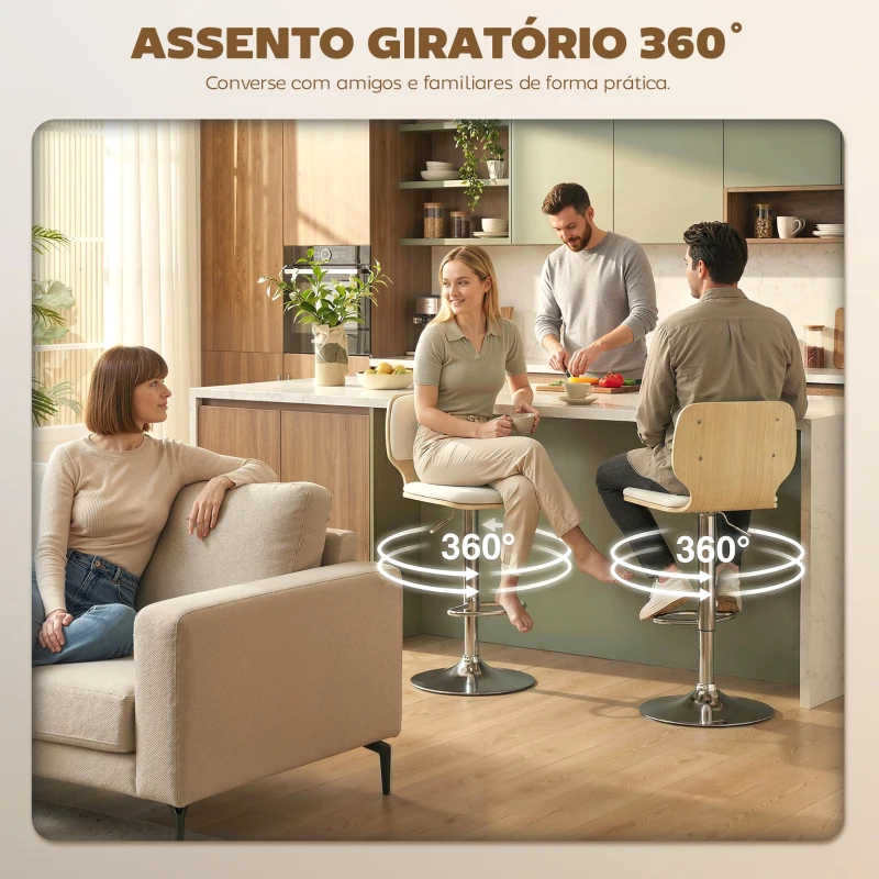 HOMCOM Conjunto de 2 Bancos de Bar Giratórios com Altura Ajustável Estofados em Tecido Tipo Linho com Base em Aço 41x47,5x81-102 cm  Bege