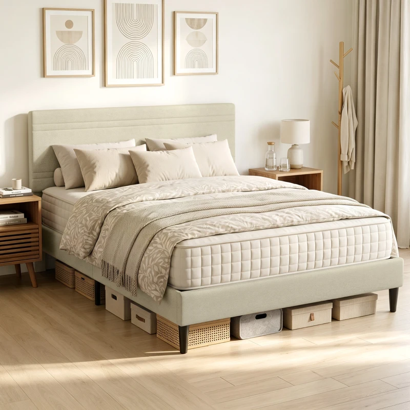 HOMCOM Estructura de Cama 160x200 cm con Somier de Madera Acolchada en Efecto Lino y 9 Patas de Acero Beige