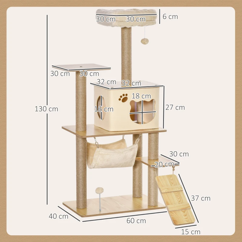PawHut Árbol Rascador para Gatos 130 cm, Árbol para Gatos con 5 Plataformas, Hamaca, Escalera, Cueva, Postes de Yute, Bola Colgante, Beige