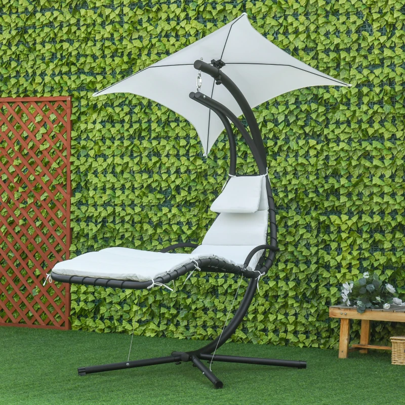 Outsunny Bain de Soleil transat Suspendu Chaise Suspendu Extérieur avec Pare-Soleil et Matelas Design Contemporain 194L x 117l x 192H cm Acier Polyester crème Noir