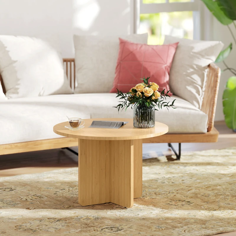 HOMCOM Runder Couchtisch, Bambus-Wohnzimmertisch mit Kreuzfuß, Natur