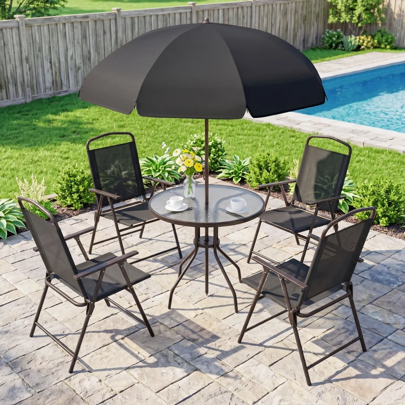 Outsunny Ensemble Salon de Jardin 6 pcs - Table Ronde + 4 chaises Pliables + Parasol - Acier époxy café textilène Polyester Noir