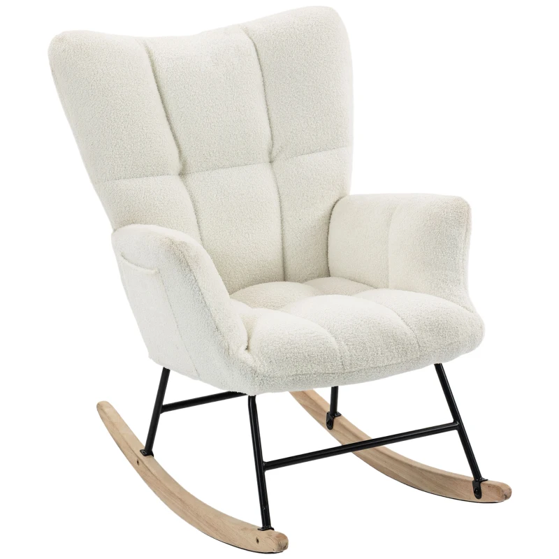 HOMCOM Rocking Chair, Teddy Fleece Rocker Chair with Tufted Wingback, Side Pockets, Rubber Wood Legs, Cream White