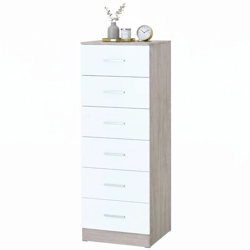 HOMCOM Comodă cu 6 sertare Comodă înaltă pentru dormitor cu sistem anti-răsturnare 40x40x110 cm Gri deschis și Alb