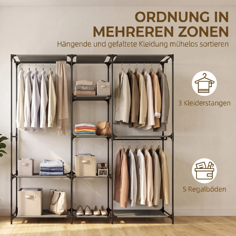 HOMCOM Textiele kledingkast, draagbaar, zonder gereedschap, met 3 kledingroedes en 5 planken, 182 x 43 x 182 cm, zwart