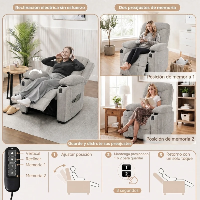 HOMCOM Sillón Relax Reclinable Eléctrico Calor Lumbar Masaje Vibración Motor Silencioso Función Memoria Bolsillos USB Gris