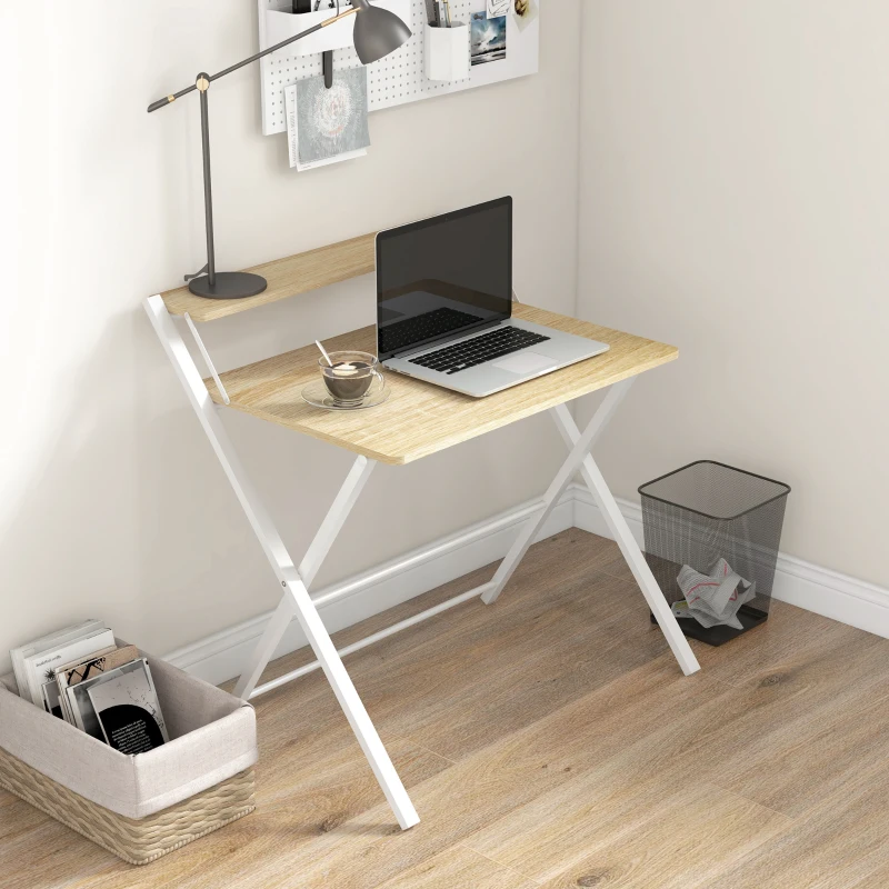 HOMCOM Scrivania Pieghevole Salvaspazio con Mensola Superiore per Camera e Ufficio, 81.5x70x84cm, Color Legno e Bianco