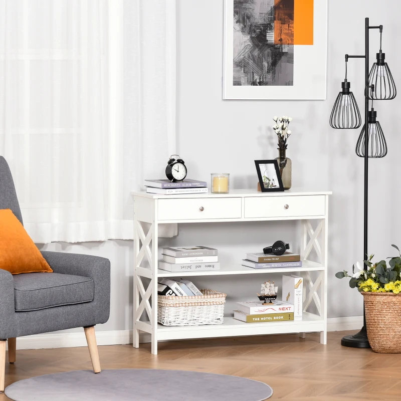 HOMCOM Mesa Consola de Entrada Recibidor con 2 Cajones y 2 Estantes Inferiores Mueble Moderno Base Elevada Antivuelco 100x30,5x80 cm Blanco