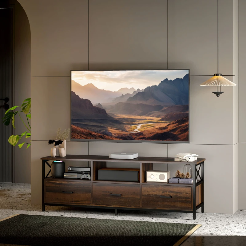 HOMCOM Mobile TV Industriale con 3 Cassetti e 3 Ripiani Aperti, in Legno e Acciaio, 147x40x50 cm, Nero e Marrone