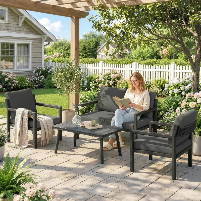 Outsunny 4 Seater Rattan Garden Furniture Set with 2 Armchairs, Loveseat, Coffee Table, Garden Sofa Set with Cushions, Dark Grey