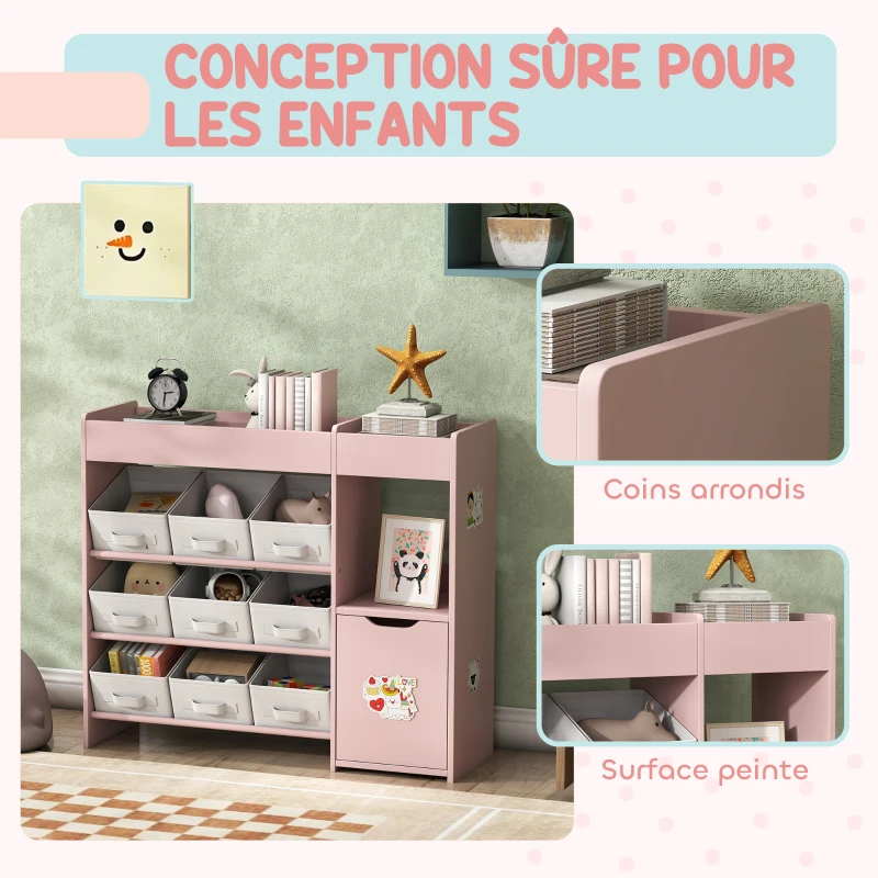 AIYAPLAY Meuble rangement enfant étagère de rangement pour jouets enfants avec 9 tiroirs en tissu et placard, rose