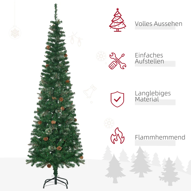 HOMCOM Kunstkerstboom, Slank, Met Dennenappels, Brandvertragend, 54 x 195 cm, Groen