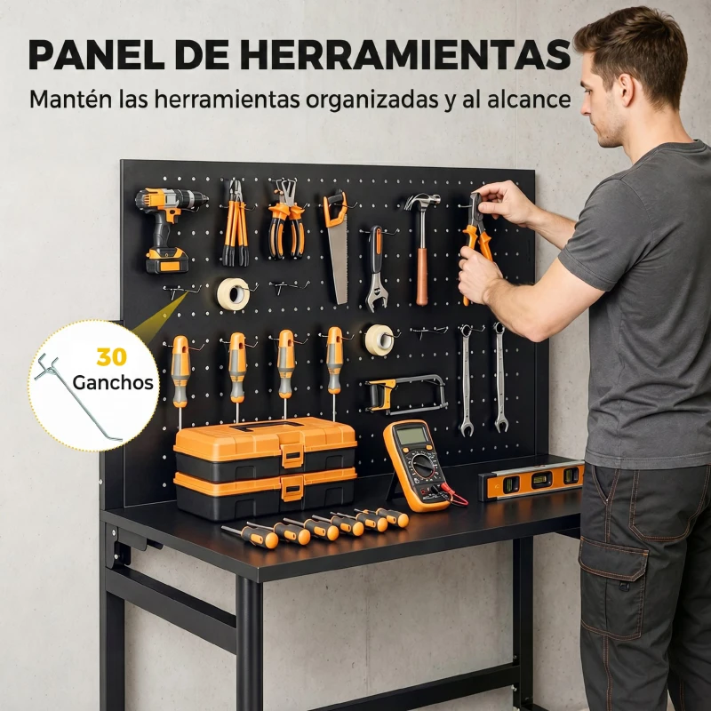 HOMCOM Banco de Trabajo con Tablero Perforado Mesa de Trabajo Plegable con Ruedas Marco de Acero Ganchos Negro