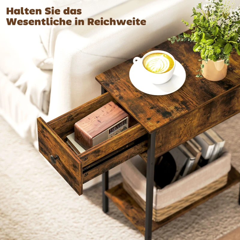 HOMCOM Bijzettafel met open vak en lade, nachttafel, metalen poten, hout, bruin