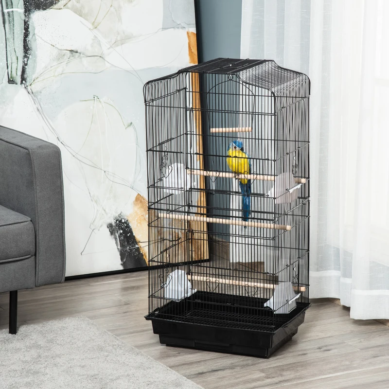 PawHut Large Metal Bird Cage with Stand, Perches, Food Bowls, Swing, for Budgies, Parakeets, Black