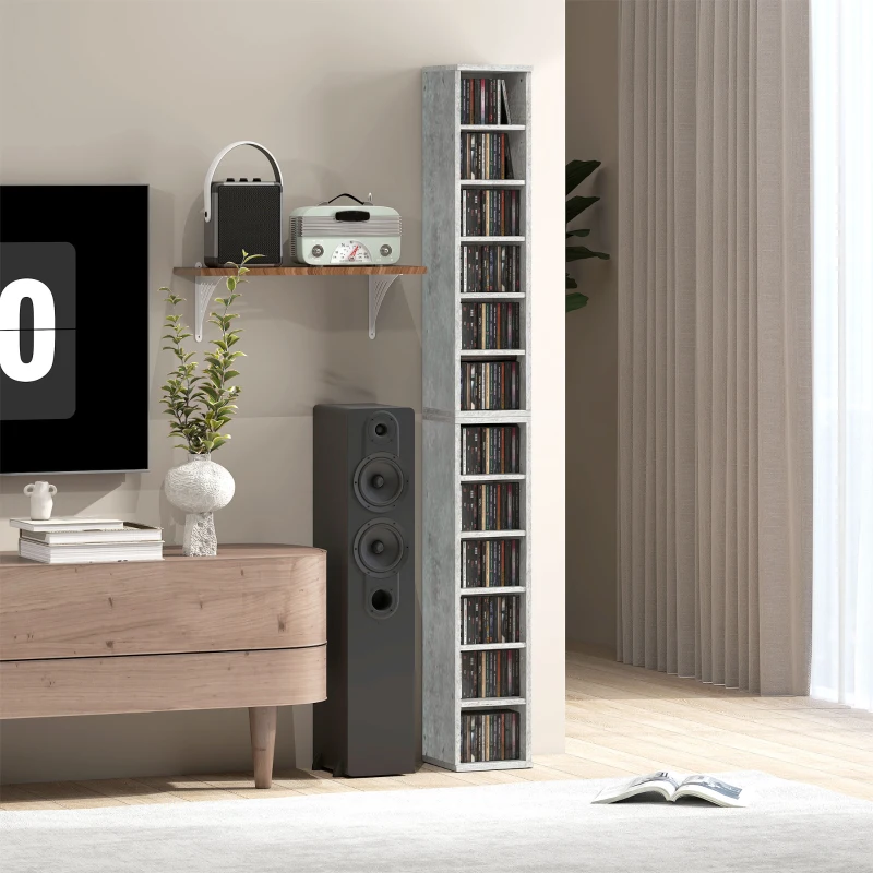 HOMCOM Set of 2 CD Media Display Shelf Unit Tower Rack with Adjustable Shelves, Cement Grey