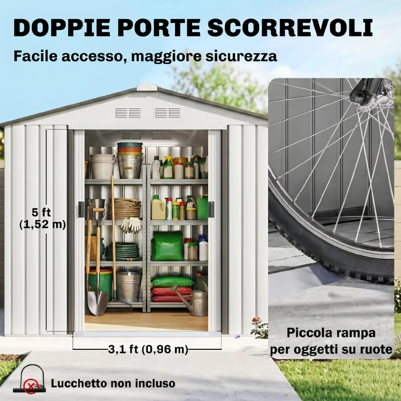 Outsunny Casetta Porta Utensili in Acciaio, Capanno da Giardino con Porte Scorrevoli, 213x130x185 cm, Bianco