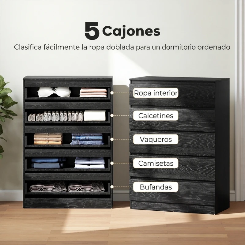 HOMCOM Cómoda para Dormitorio de 5 Cajones Cajonera para Salón Oficina Estilo Moderno 77x40x111,5 cm Negro Veteado