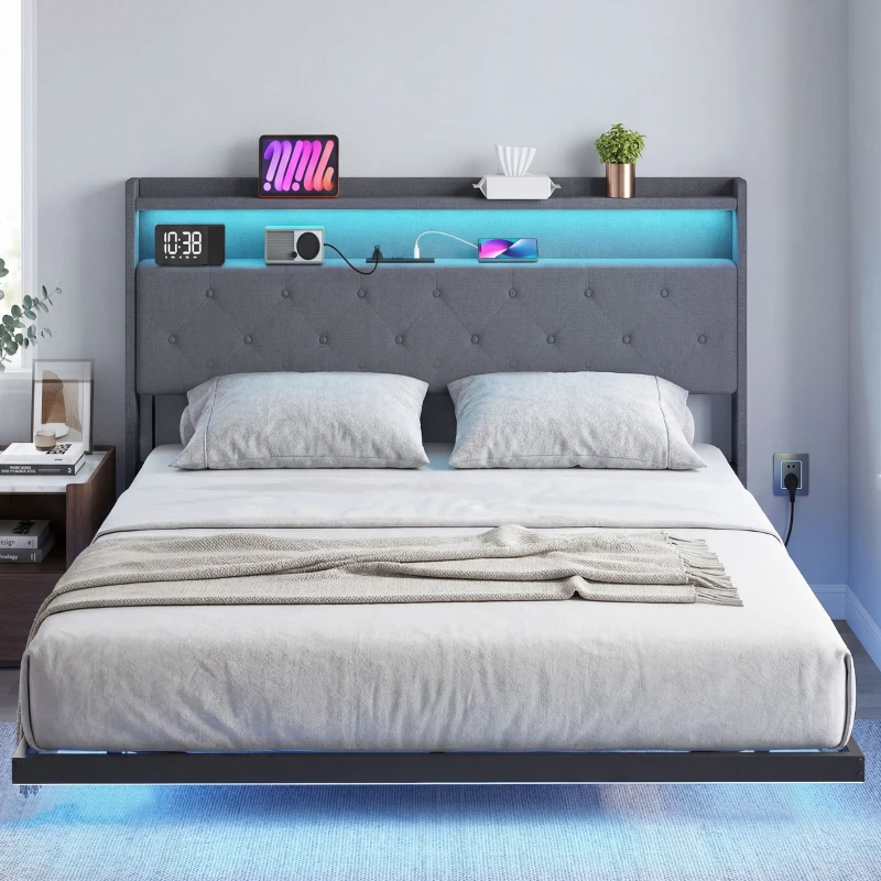 HOMCOM Cadre de lit 160 x 200 cm avec sommier acier, lit 2 personnes flottant avec lumières LED RGB et station de charge, gris