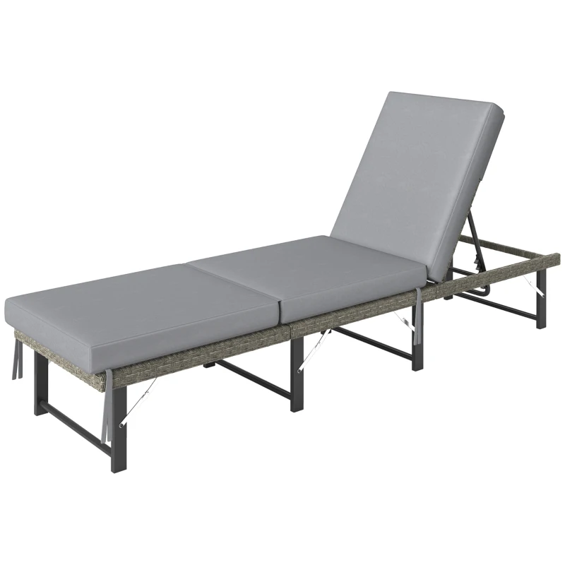 Outsunny Single Folding Rattan Sun Lounger, with Cushion - Grey