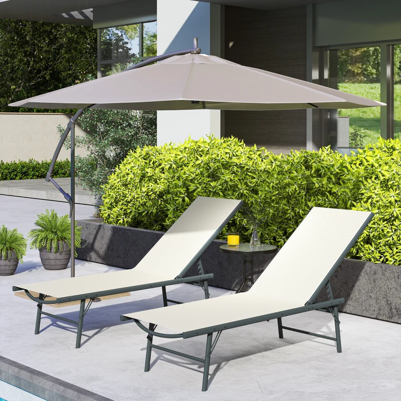 Outsunny Lot de 2 bain de soleil chaise longue pliante textilène transat jardin extérieur inclinable 54 x 164 x 84 cm crème
