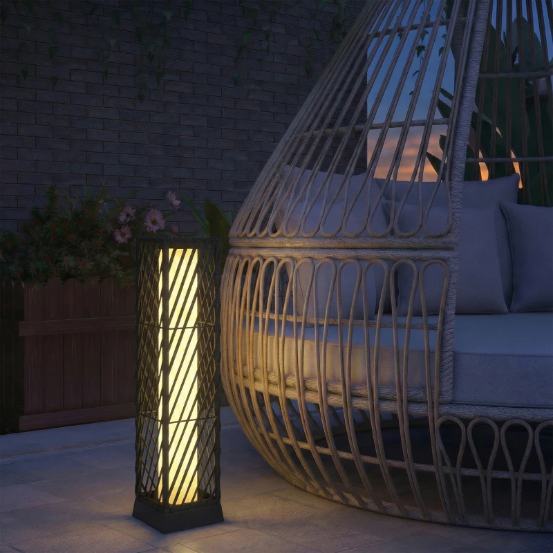 Outsunny Linterna de Jardín de Ratán Farola Solar Exterior con Luces LED Encendido y Apagado Automático Impermeable IP44 Negro