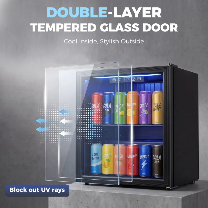 HOMCOM 50L Drinks Fridge, 48 Can Under Counter Freestanding Beer Fridge with LED Light