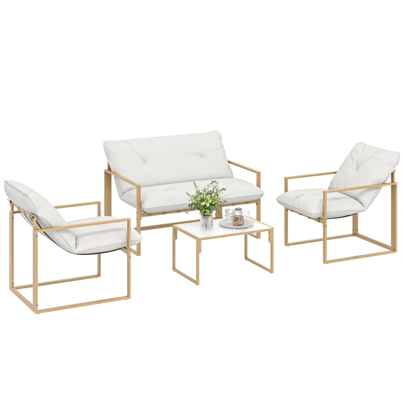 Outsunny Salon de jardin extérieur 4 pièces avec coussins ultra-épais 15cm canapé 2 places avec table basse et 2 fauteuils kaki
