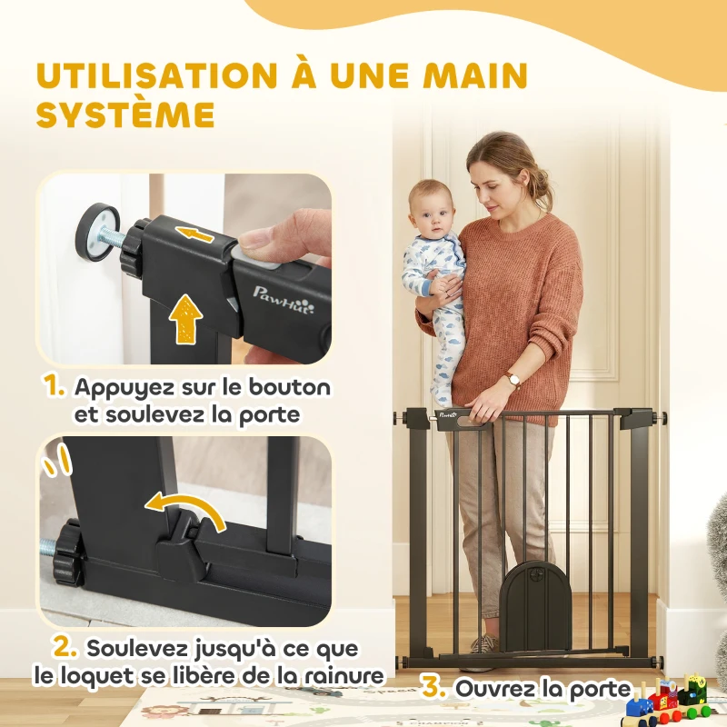 PawHut Barrière de sécurité animaux avec porte fermeture automatique système de double verrouillage, acier noir