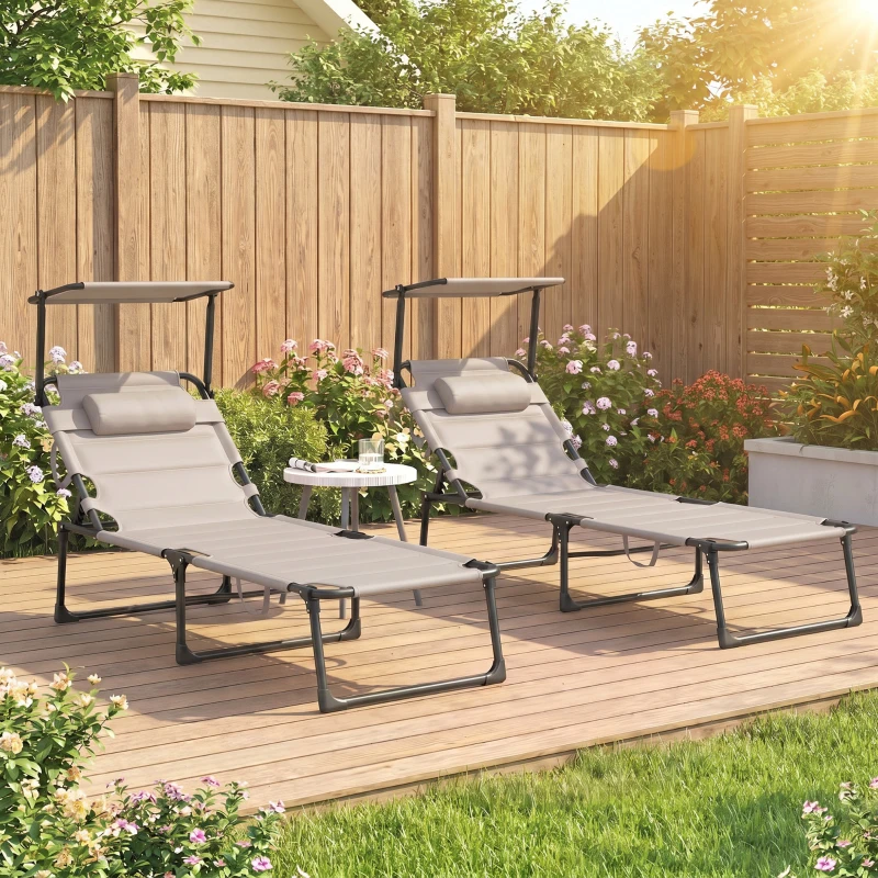 Outsunny Lot de 2 Bains de soleil transats pliables grand confort dossier pare-soleil réglables multi-positions, kaki