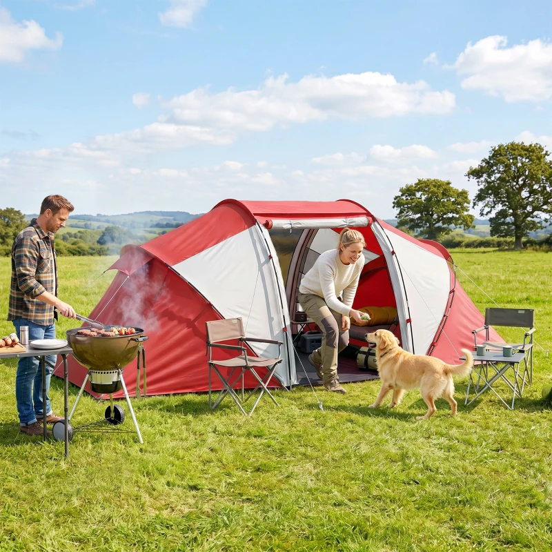 Outsunny 4 Man UV Protection Camping Tent - Grey and Red