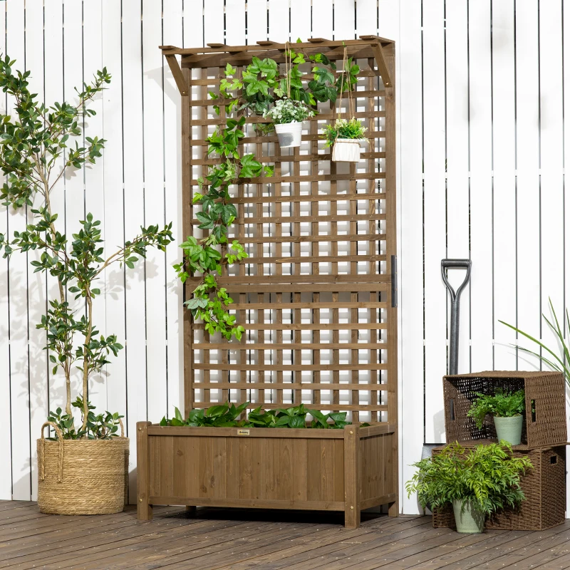 Outsunny Jardinieră Ridicată pentru Exterior cu Spalier și Bară Superioară, Jardinieră din Lemn de Brad cu Găuri de Drenaj pentru Flori și Legume, pentru Grădină și Balcon, Cafeniu Întunecat