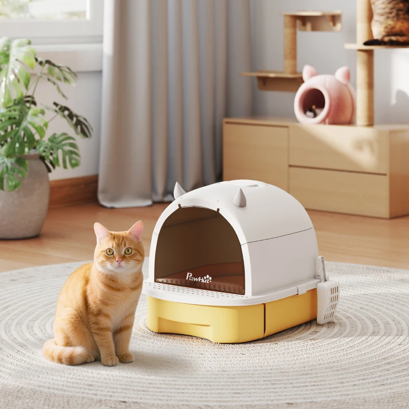 PawHut Arenero Cerrado para Gatos con Bandeja Extraíble Filtro de Carbono Pala y Asa Superior 40,5x52x39 cm Amarillo y Blanco