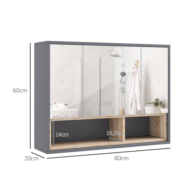 HOMCOM Specchiera Bagno a 3 Ante con Armadietto 8 Vani e Ante Ammortizzate, 80x20x60 cm, Grigio
