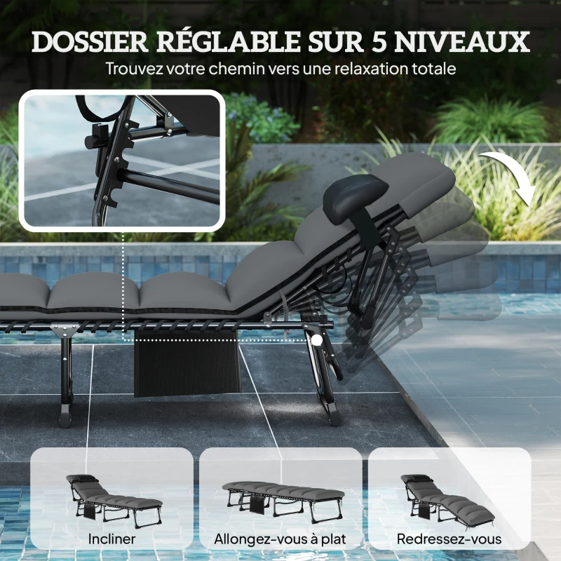 Outsunny Chaise longue jardin extérieur, Bain de soleil Pliable, dossier inclinable sur 5 positions, 200 x 57 x 38 cm, gris Foncé