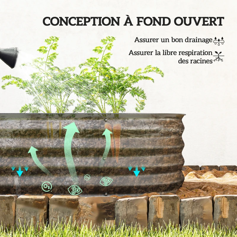 Outsunny Jardinière surélevée carré potager de jardin en acier modulable légumes, plantes, fleurs, dim. 195 x 62 x 30 cm gris
