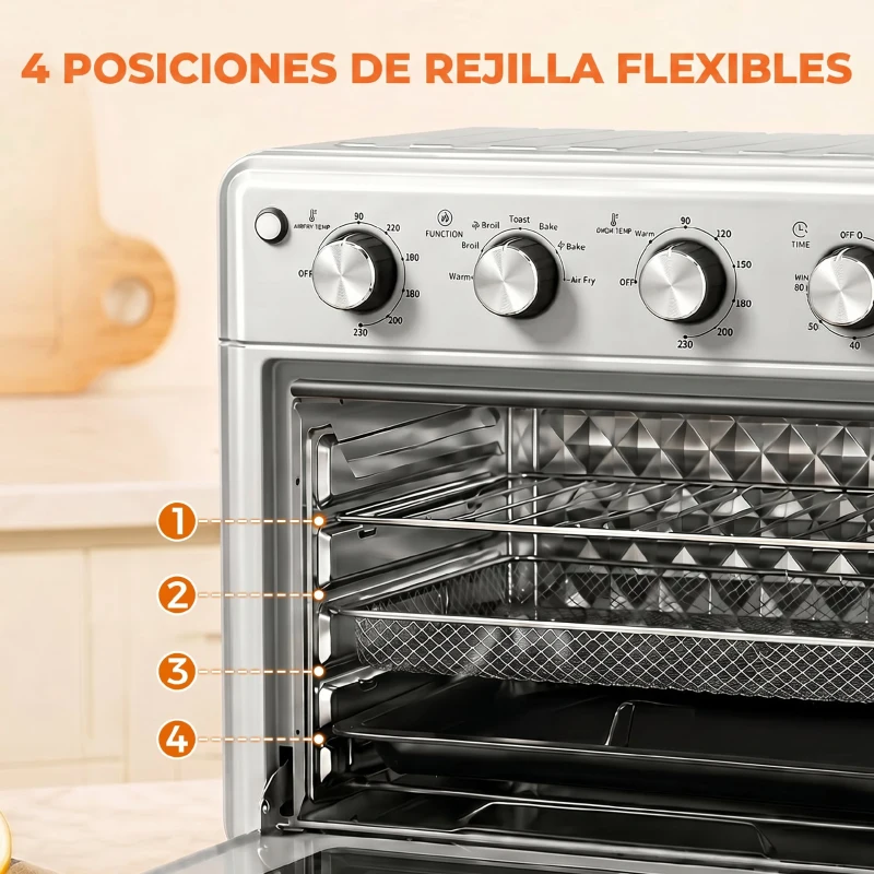 HOMCOM Horno Eléctrico de Sobremesa de 30L 1600W Freidora de Aire con 7 Modos de Calor y Temporizador 43x39x39 cm Plata