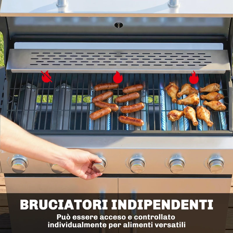 Outsunny Barbecue a Gas Propano a 6 Fuochi con Bruciatore Laterale, 63.000 BTU, Argento e Nero
