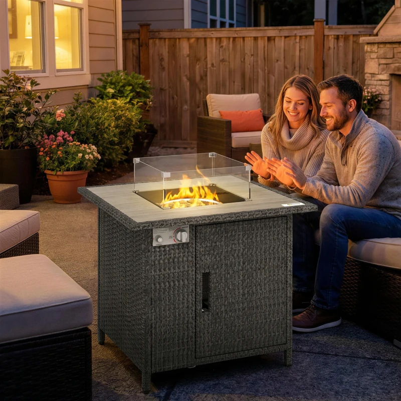 Outsunny 14.5 KW Rattan Gas Fire Pit Dining Table with Rain Cover, Wind Guard, Lid, Lava Rocks, Dark Grey