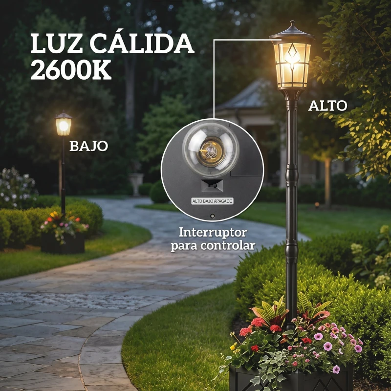 Outsunny Farola Solar Exterior de Jardín con Macetero 2 Modos de Brillo 100/50 lm IP44 Encendido/Apagado Automático Negro