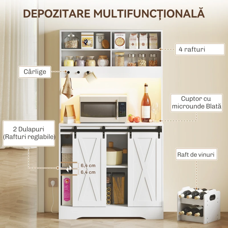 HOMCOM Bufet Bucătărie cu Prize Electrice, Lumină LED, Suport pentru Sticle și Uși Glisante, 100x38x180 cm, Alb