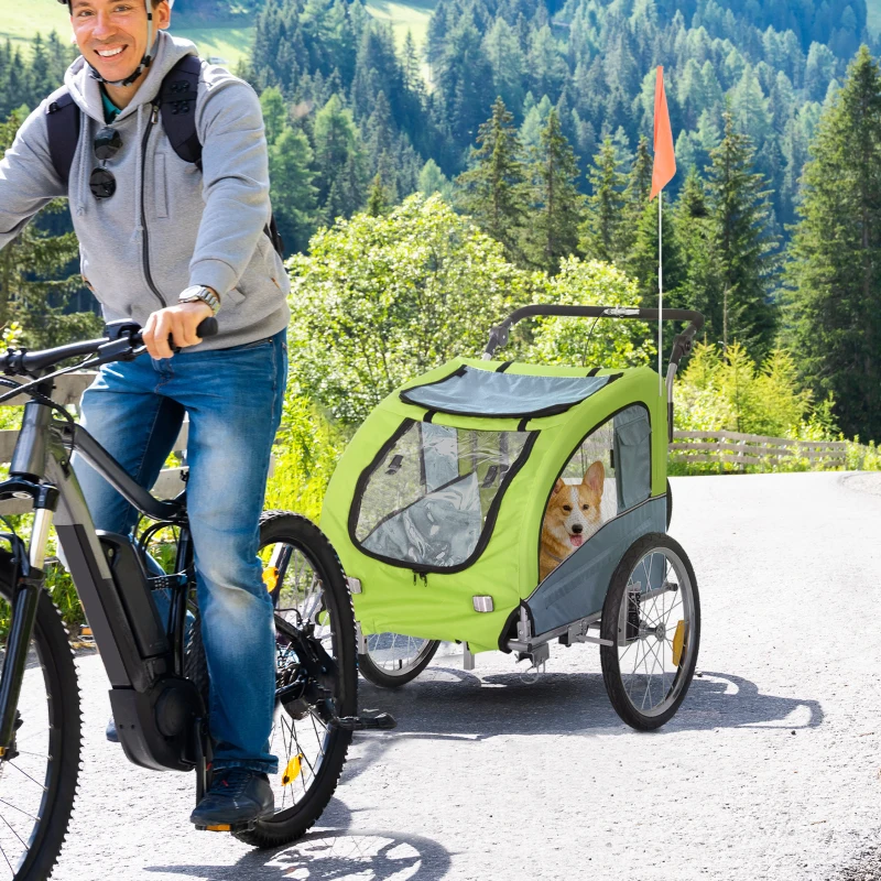 PawHut Remolque de Bicicleta para Perros 2 en 1 Carrito de Perros con Mango Ajustable Bandera y Reflectores 155x83x108 cm Verde