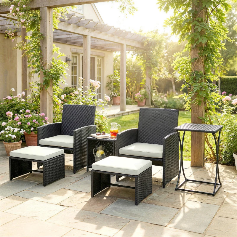 Outsunny 6 Piece Rattan Garden Furniture, Space-Saving Patio Furniture Set with Nesting Tables, Chairs, Stools, Cushions, Black