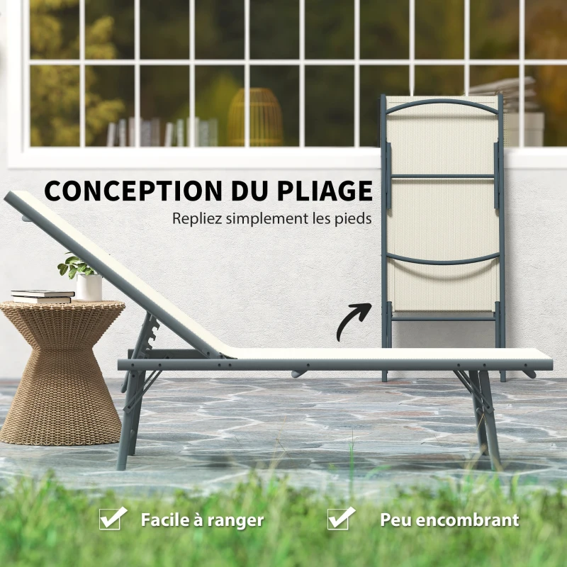 Outsunny Lot de 2 bain de soleil chaise longue pliante textilène transat jardin extérieur inclinable 54 x 164 x 84 cm crème