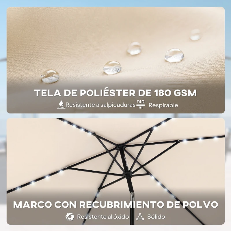 Outsunny Sombrilla de Jardín con 24 Luces LED Solares Dosel Inclinable Poste Metálico 2,9x2,5 m Crema
