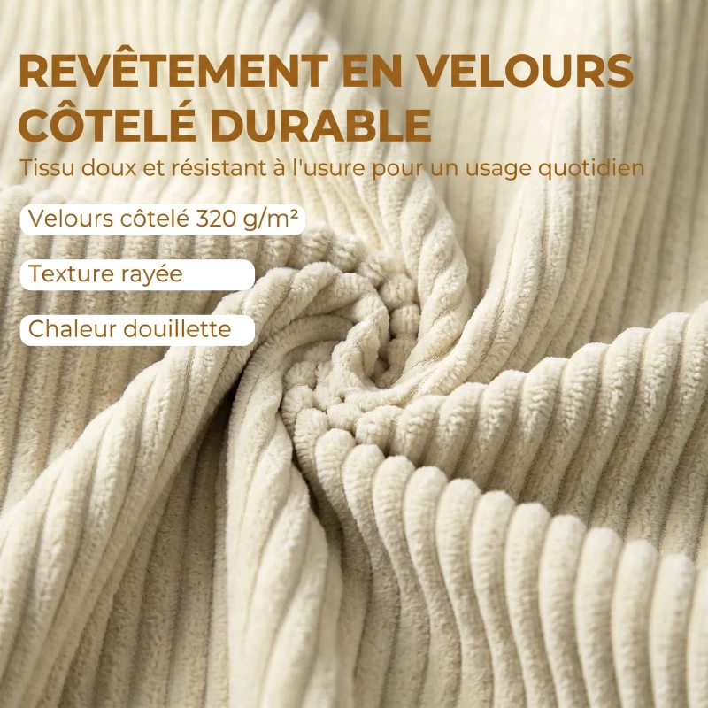 HOMCOM Banc de rangement 73 L, coffre de rangement rembourré en velours côtelé avec accoudoirs et pieds en bois d'hévéa, beige